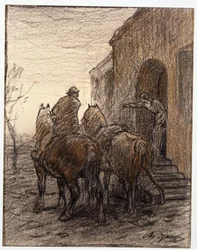 Farmer with Two Horses and a Woman Showing the Way