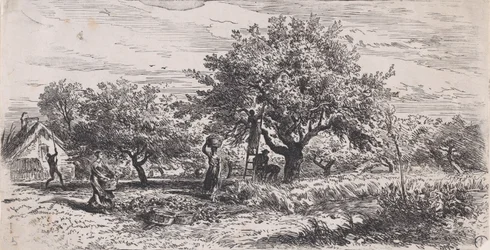 Picking Fruit from Tree Outside Cottage, ca. 1852