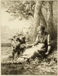 Shepherd with Flock of Sheep at Edge of Wood