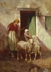 Shepherdess with a Child and Two Sheep