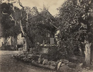 Rural Scene with Stone Building and Cross