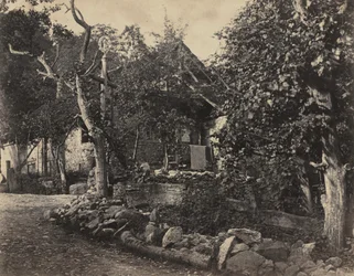 Rural Scene with Stone Building and Cross