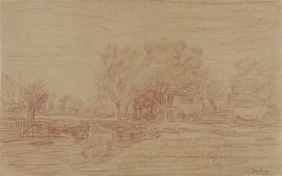 Landscape with Grazing and Drinking Cows and a Watching Bull