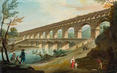 A River Landscape with Figures on a Road Beside a Double Aqueduct