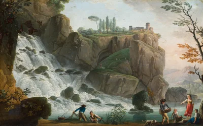 A Rocky Landscape with Figures by a Waterfall