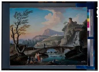 A River Landscape with Fishermen Hauling Their Nets, a Rocky Landscape and a Footbridge Beyond