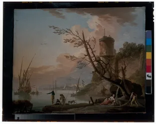 Men Fishing with Women Resting Beneath a Tower