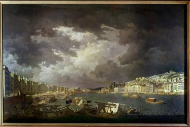 Borders of the Saone in Lyon. On the left trading activities. Painting by Charles Francois Nivard (1739-1821) 1804
