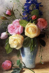Roses and Delphiniums in a Vase