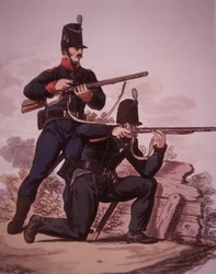 British Army riflemen of the early 19th century: Soldier of the 60th Royal American Foot standing, and soldier from the 95th Rifle Regiment kneeling
