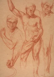 Male Figure Study with Re-Studies of Head, Arms, Shoulder, and Leg