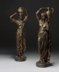 Two Bronze Torcheres in the Shape of Indian Women Carrying Vases, 1862-1865