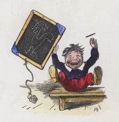 Boy with a Picture of a Cockerel Drawn on a Blackboard