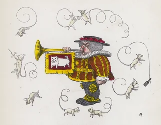 Town crier blowing a trumpet, surrounded by curly-tailed dogs