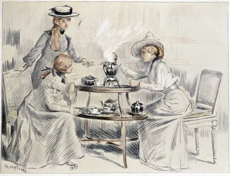 Ladies taking tea around a small samovar - drawing by Henri Tenré, ca. 1910