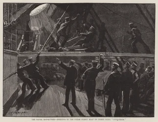 The Naval Manoeuvres, Hoisting in the Steam Picket Boat on Board HMS Conqueror
