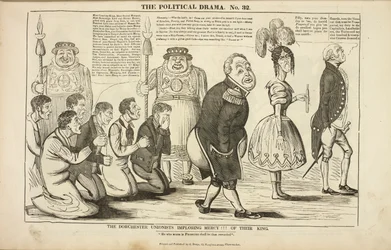 The Dorchester Unionists imploring mercy of their King, Cartoon on the subject of the Tolpuddle Martyrs