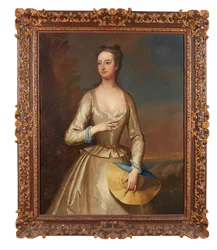 Three-Quarter Length Portrait of a Lady in White Holding a Straw Bonnet