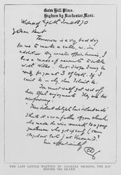 Last letter written by Charles Dickens before his death