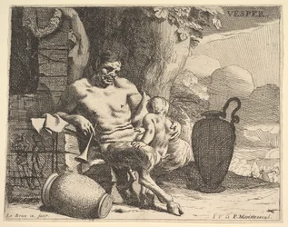 Evening: A Seated Satyr Clasps His Child, a Figure Hangs a Garland on a Pier Beyond