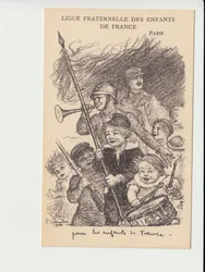Postcard, Satirical in Black and White: Ligue fraternelle des enfants de France - War of 14-18, Music, Childhood, Ligue fraternelle des enfants de France - Soldiers Illustration by Charles Leandre