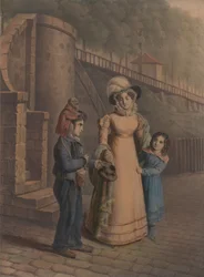 Boy with a monkey on his shoulder receiving coins from a mother and daughter