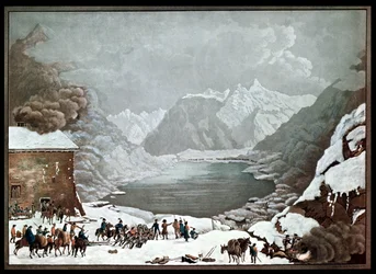 Napoleon Bonaparte (1769-1821) at the St. Bernard Pass Hospice, 20th May 1800, engraved by Merou