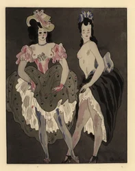 Two half-naked prostitutes dressed in petticoats and bonnets