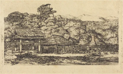 Native Barns and Huts at Akaroa, Banks Peninsula, 1845