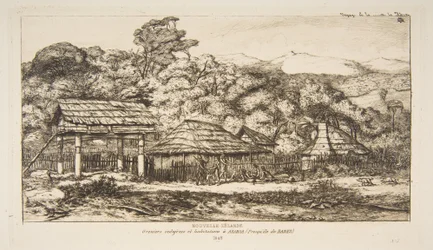 Native Barns and Huts at Akaroa, Banks Peninsula, 1845, from "The Voyage to New Zealand (1842-46)"