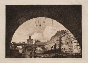 The New Bridge and the Samaritaine seen from under the First Arch of the Exchange Bridge, Paris