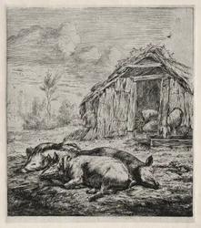 Three Swine Lying in Front of a Sty, 1850