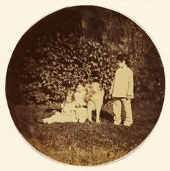 Three Little Children and a Dog in a Garden