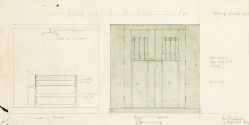 Design for a wardrobe, shown in elevation of the front and interior