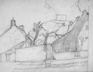 Sketch of English Village with Thatched Roof in Foreground, c.1920