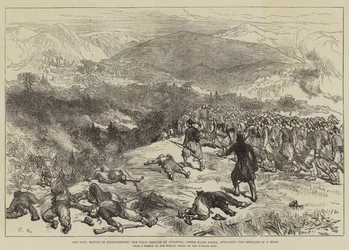 The War, Battle of Kniejesevacz, the First Brigade of Infantry, under Hafiz Pasha, attacking the Servians in a Wood