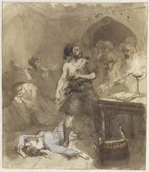 Man and woman lying on the floor in a Moorish chamber