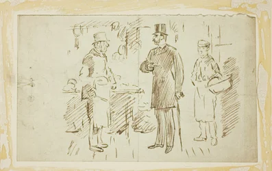 Gent in Tall Hat Addressing Butcher