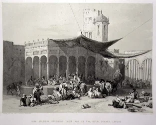 Panjab: Sikh Soldiers Receiving their Pay at the Royal Durbar, Lahore, plate 12 from 