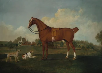 A bay hunter with two hounds in a landscape, with a mansion beyond, 1779
