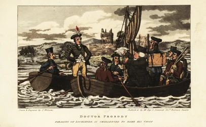 English tourists and Scot in tartan jacket sailing on Loch Leven in the Scottish highlands