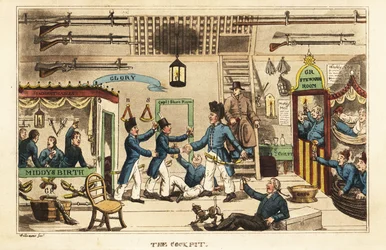 Johnny Newcome drinking grog in the cockpit with other middies