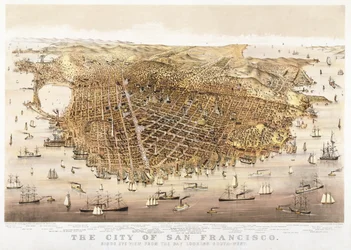 The City of San Francisco, birds-eye view from the Bay looking south-west, published by Currier & Ives