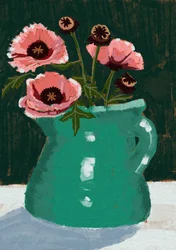 Pink Poppies Green Vase
