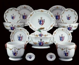 A Famille Rose Armorial Dinner Service Painted with the Arms of Tranefelt of Sweden
