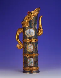 A magnificent Imperial gold, cloisonne and Beijing enamel ewer, Duomuhu, engraved Qianlong four-character mark and of the period, Palace Workshops