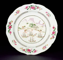 Dinner plate painted in famille rose enamels showing Table Mountain and four ships flying the Dutch flag off the Cape of Good Hope, Qianlong period c.1770
