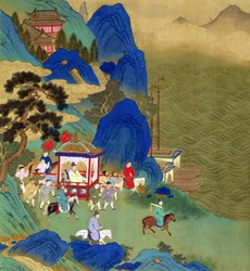 Emperor Qin Wang Ti (221-206 BC) travelling in a palanquin, from a history of Chinese emperors