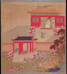 Emperor Chin Wang Ti (r.221-210 BC) Burning All Chinese Books and Throwing the Academics into a Deep Ravine, from a History of Chinese Emperors in 213 BC