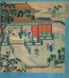 Emperor Hsien Ti with scholars translating classical texts